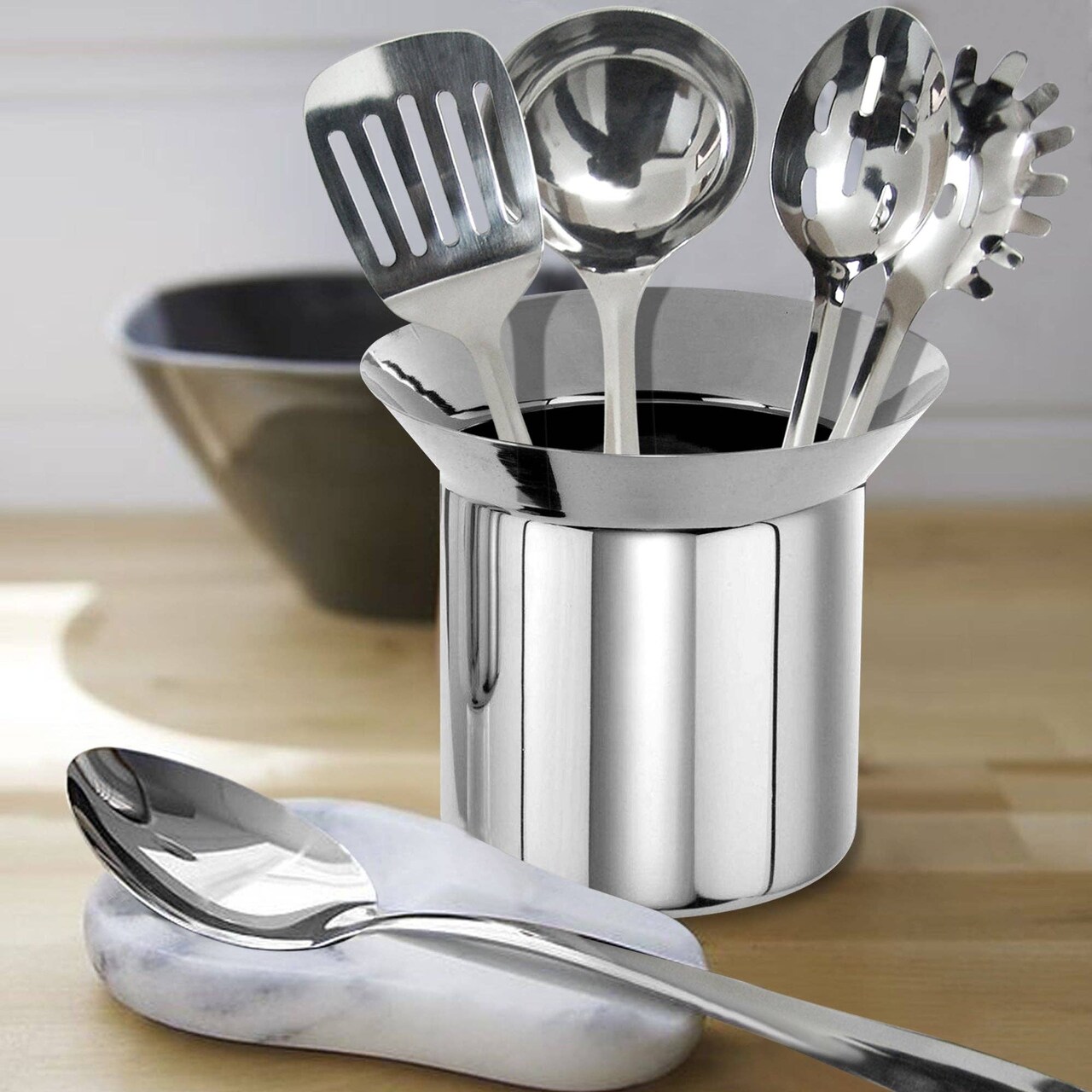 Flair Stainless Steel Utensil Holder (2 Quart) – Mirror Finish Kitchen Organizer for Countertop Storage, Dishwasher Safe